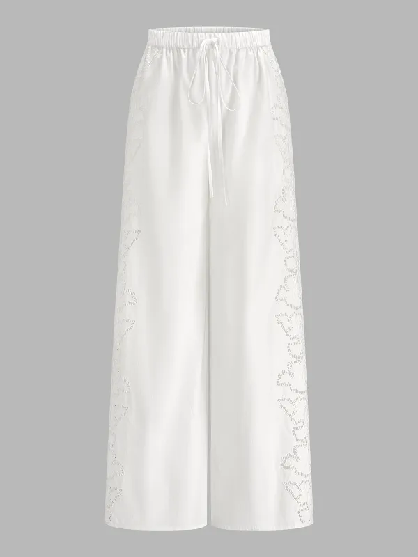 Side Lace Embroidered Cotton Drawstring Pants made by COMMENSE