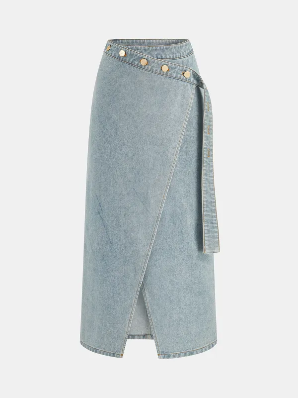 Asymmetric Button Wrap Midi Denim Skirt made by COMMENSE