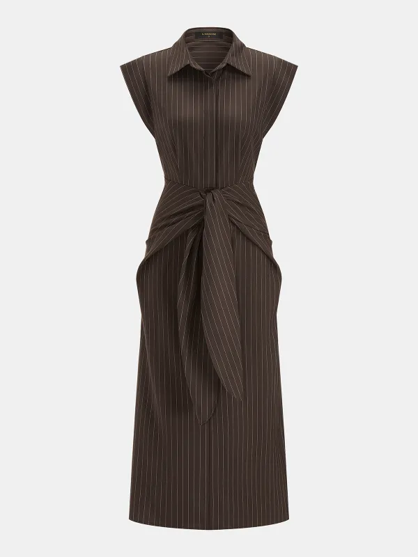 Pinstripe Sleeveless Tie-Waist Shirt Dress made by COMMENSE