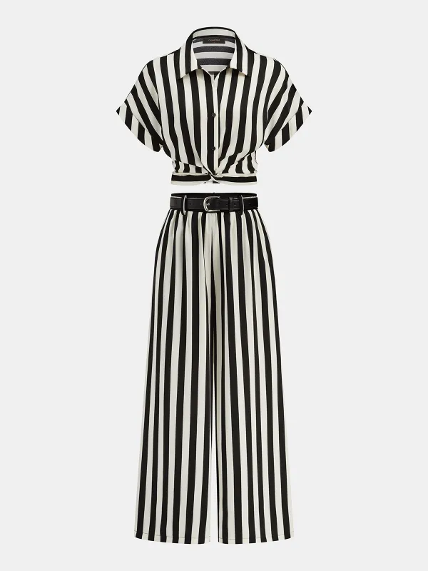 Striped Twisted Shirt & Belted Pants Set made by COMMENSE