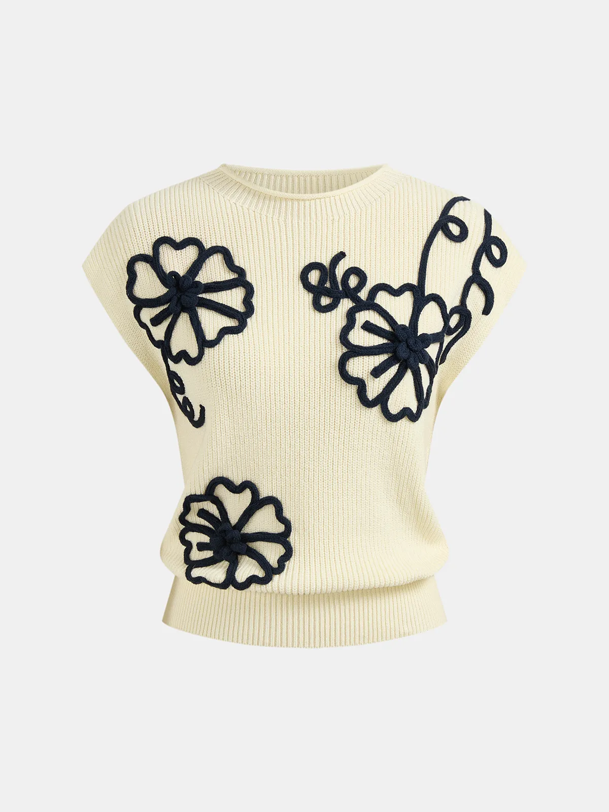 3D Floral Applique Ribbed Knit Vest sold by COMMENSE