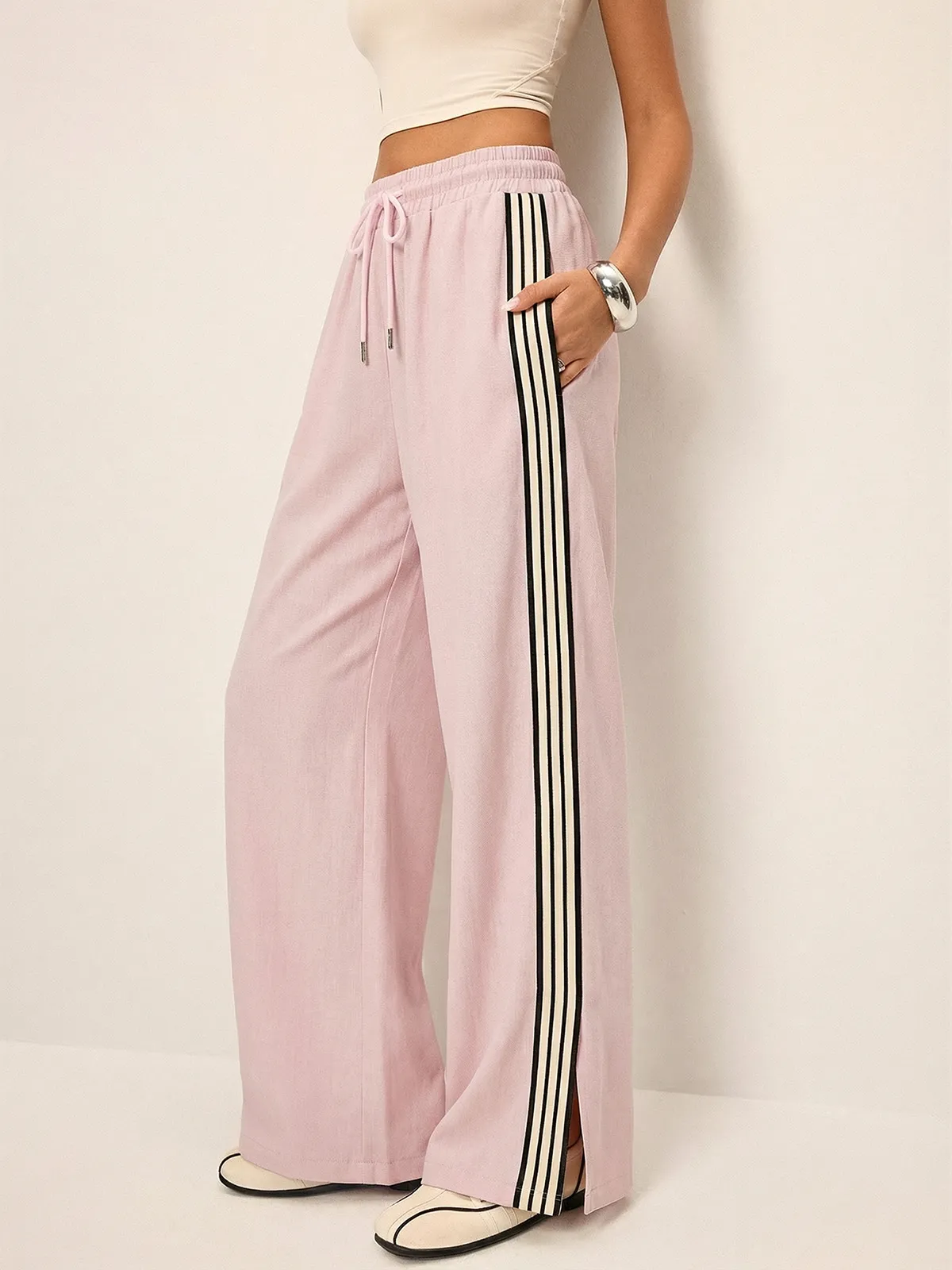 Cotton Linen Striped Split Drawstring Pants sold by COMMENSE