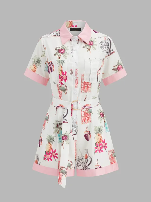Cotton Linen Tropical Print Belted Romper made by COMMENSE