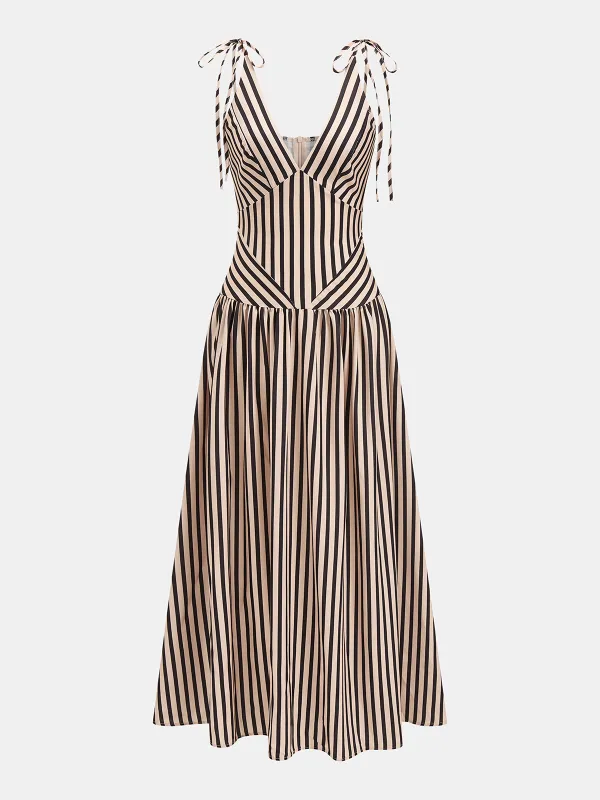 Striped Tie Shoulder V Neck Maxi Dress made by COMMENSE