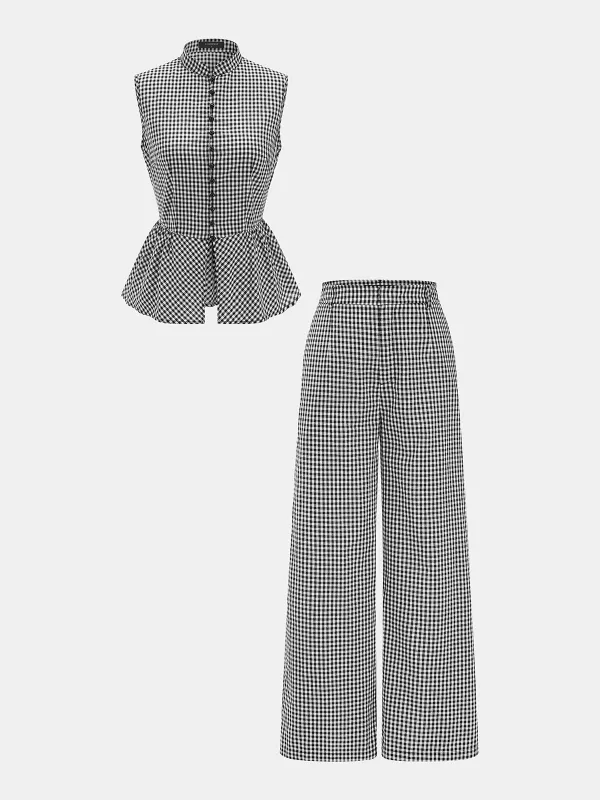 Gingham Cotton Sleeveless Peplum Top & Pants Set made by COMMENSE
