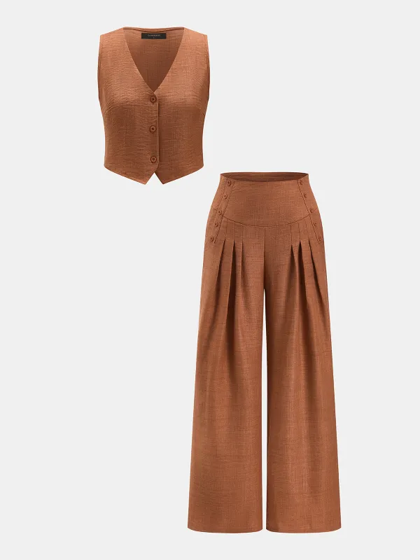 Buttoned Vest & Pleated Wide Leg Pants Set made by COMMENSE