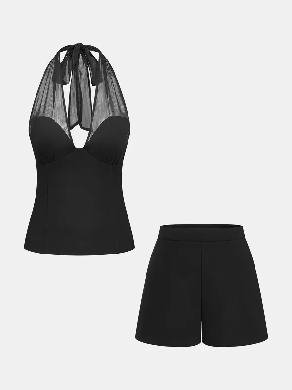 Sheer Halter Neck Top & Shorts Set made by COMMENSE