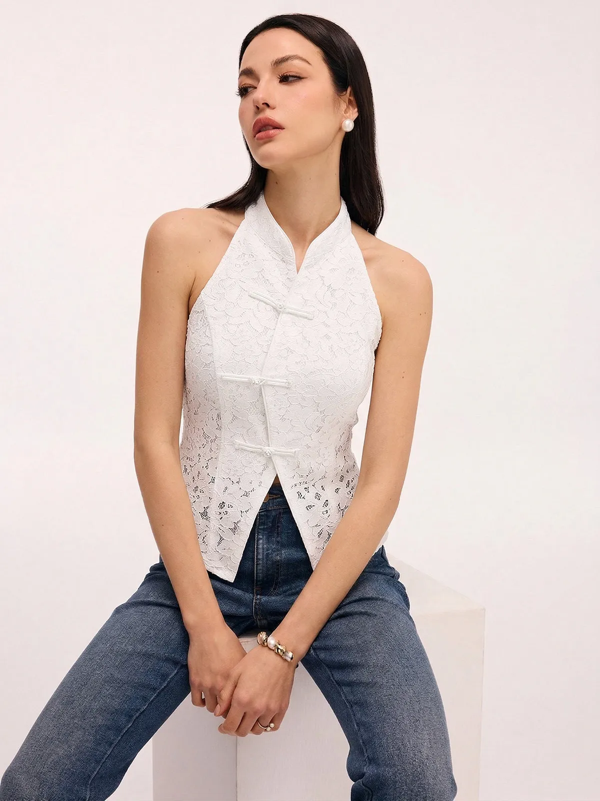 Lace Frog Button Halter Top sold by COMMENSE