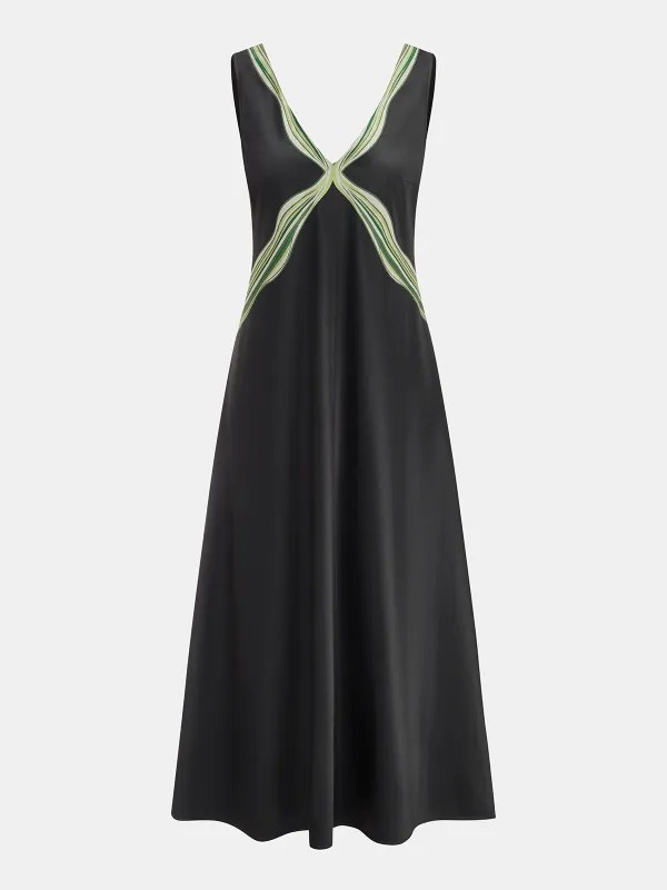 V-Neck Wavy Print Sleeveless Midi Dress made by COMMENSE