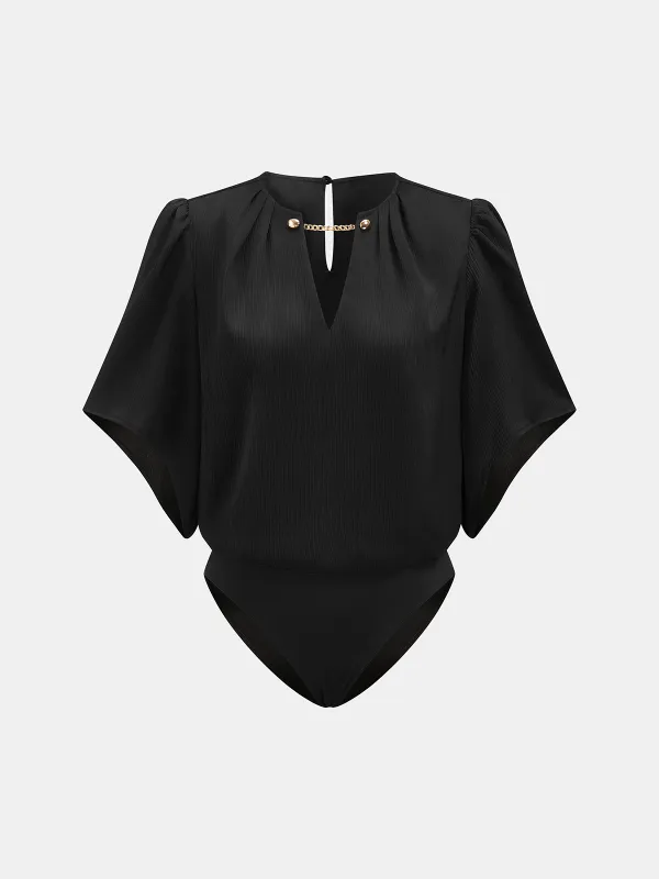 Chain Detail V-Neck Flutter Sleeve Bodysuit made by COMMENSE