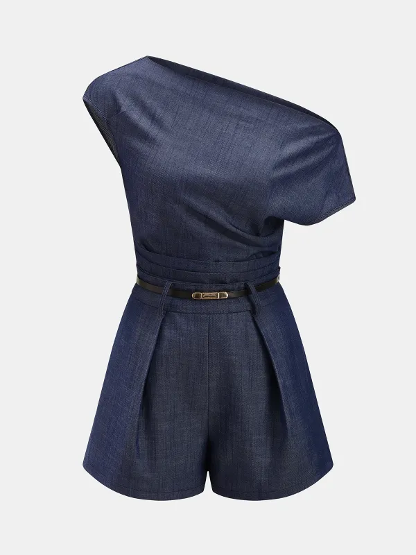 Asymmetric Off-Shoulder Belted Denim Romper made by COMMENSE