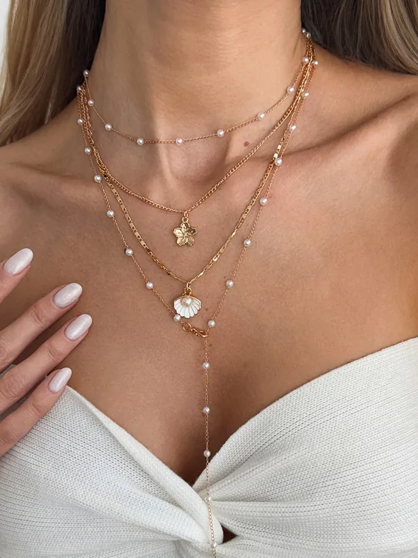 Layered Pearl Flower Shell Necklace made by COMMENSE