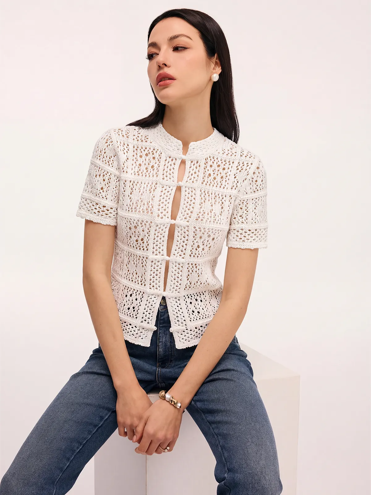 Frog Button Crochet Knit Short Sleeve Top sold by COMMENSE