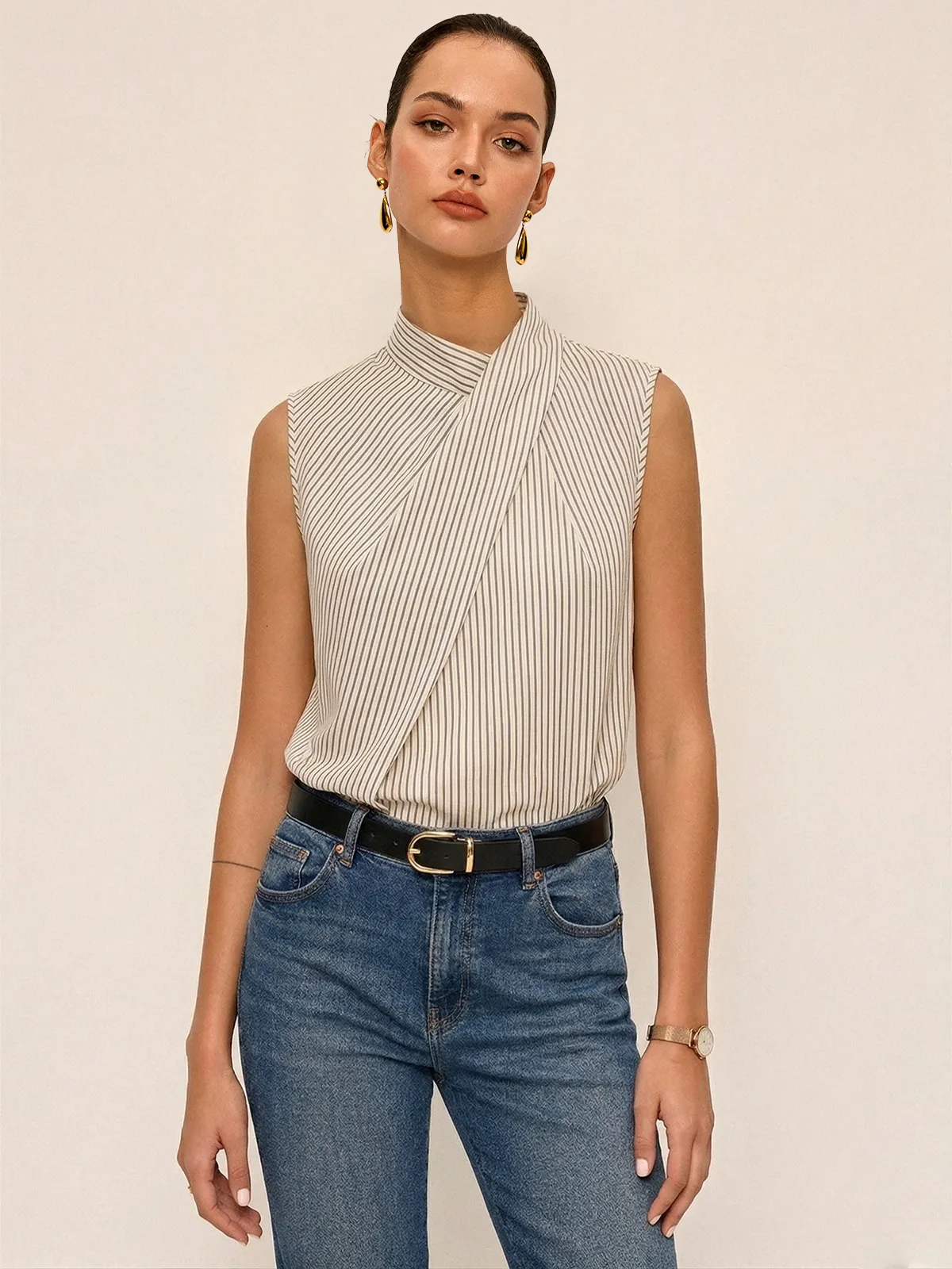 Sleeveless Striped High Neck Blouse sold by COMMENSE