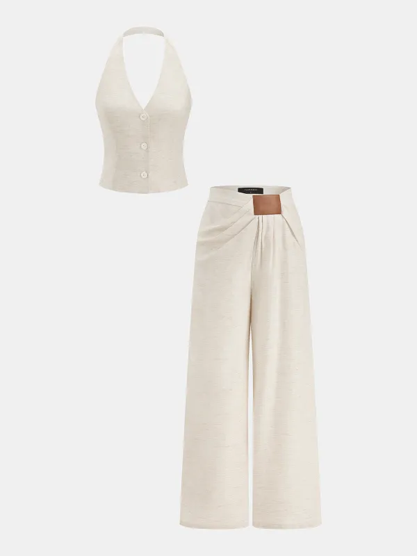 Linen Blend Halter Buttoned Top & Pants Set made by COMMENSE