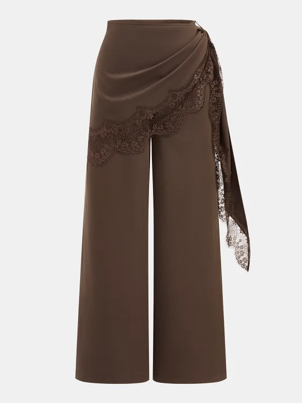 Draped Lace Trim Wide Leg Pants made by COMMENSE