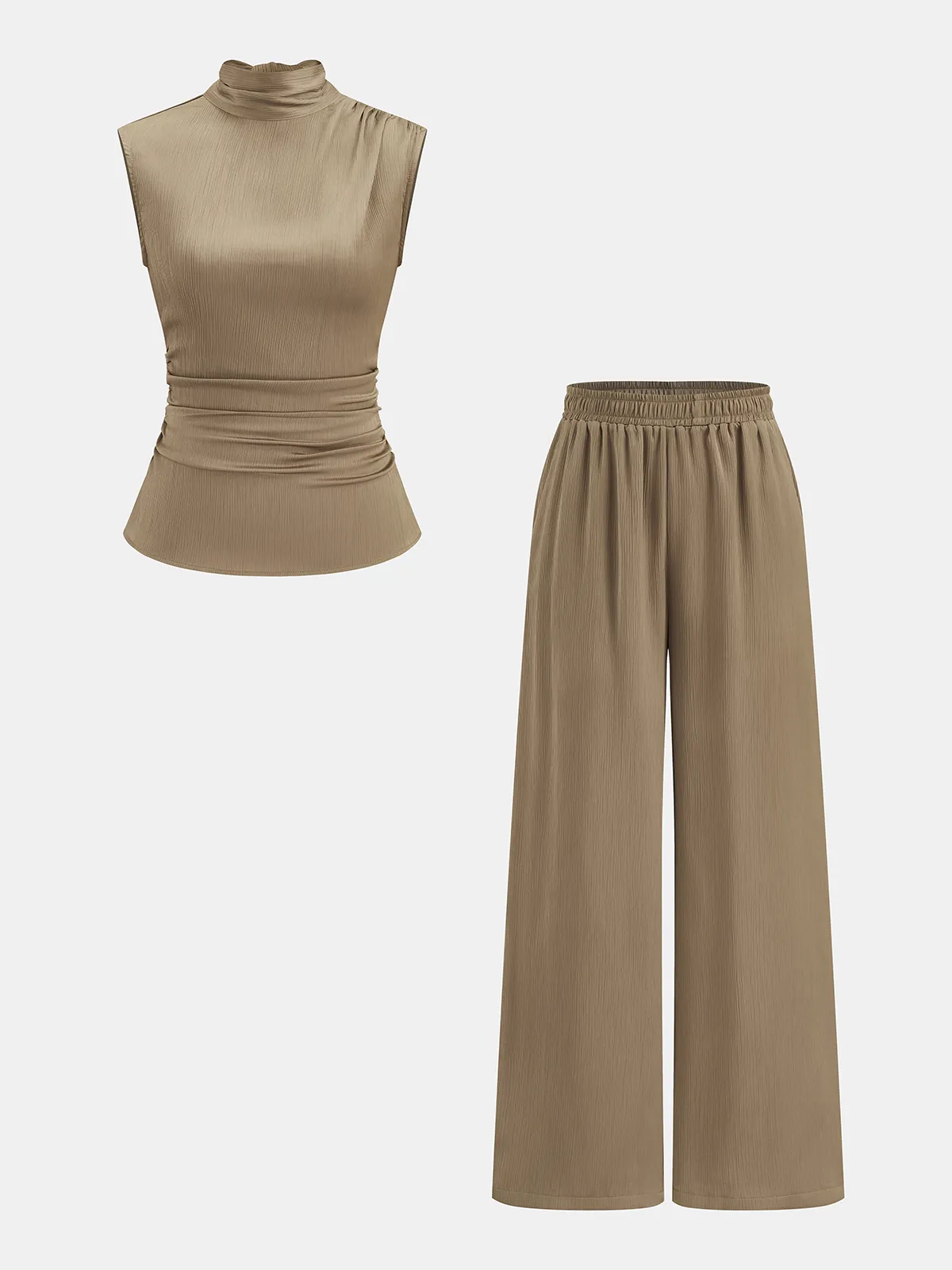 Turtleneck Ruched Top & Wide-Leg Pants Set sold by COMMENSE