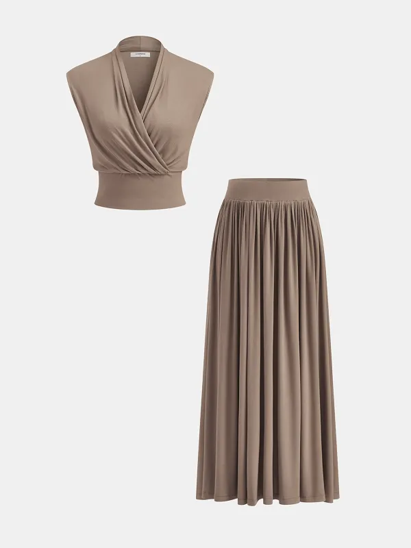 Wrap Cinched Top & Pleated Maxi Skirt Set made by COMMENSE
