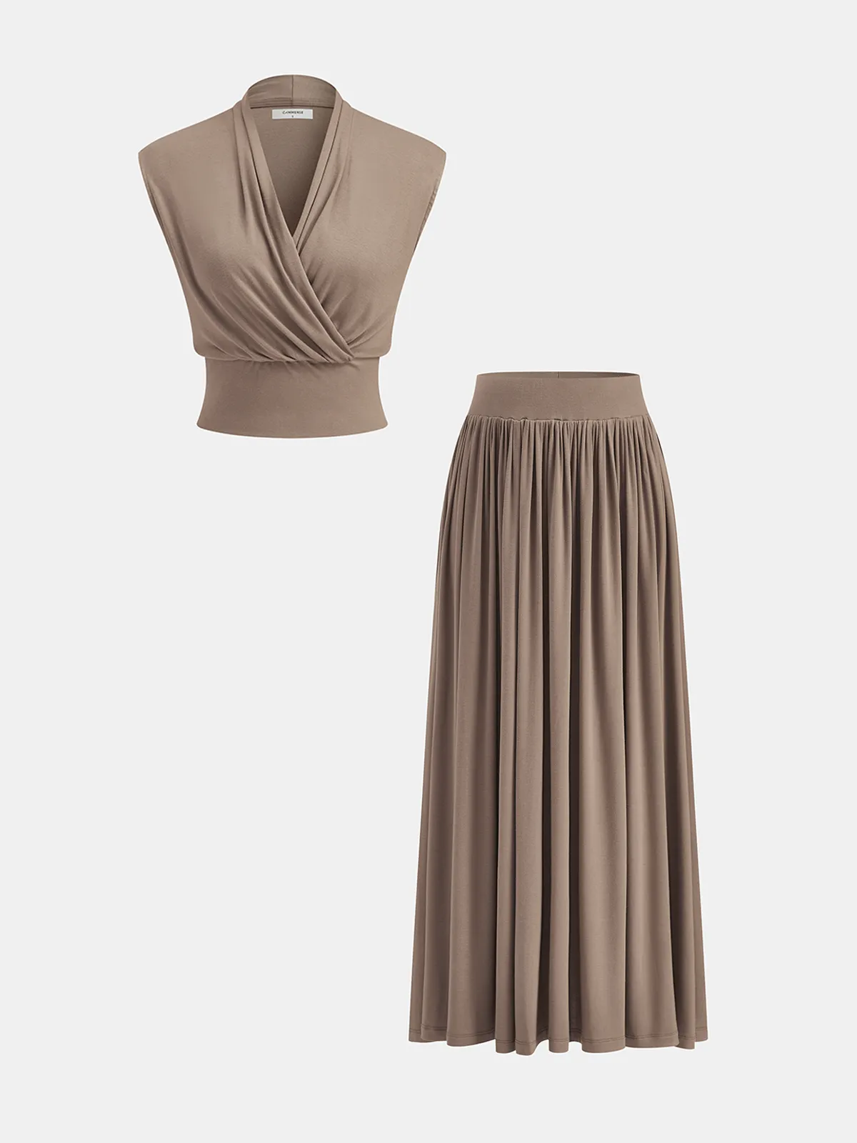 Wrap Cinched Top & Pleated Maxi Skirt Set sold by COMMENSE