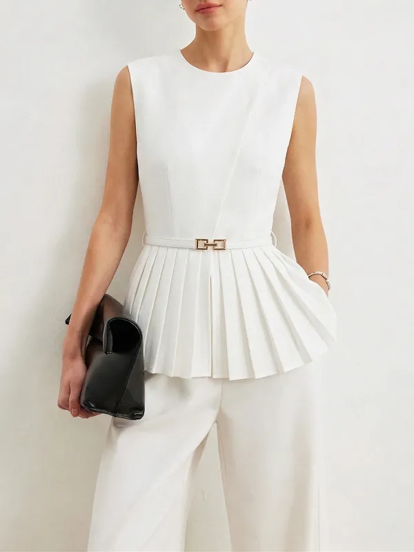 Belted Sleeveless Pleated Peplum Top made by COMMENSE