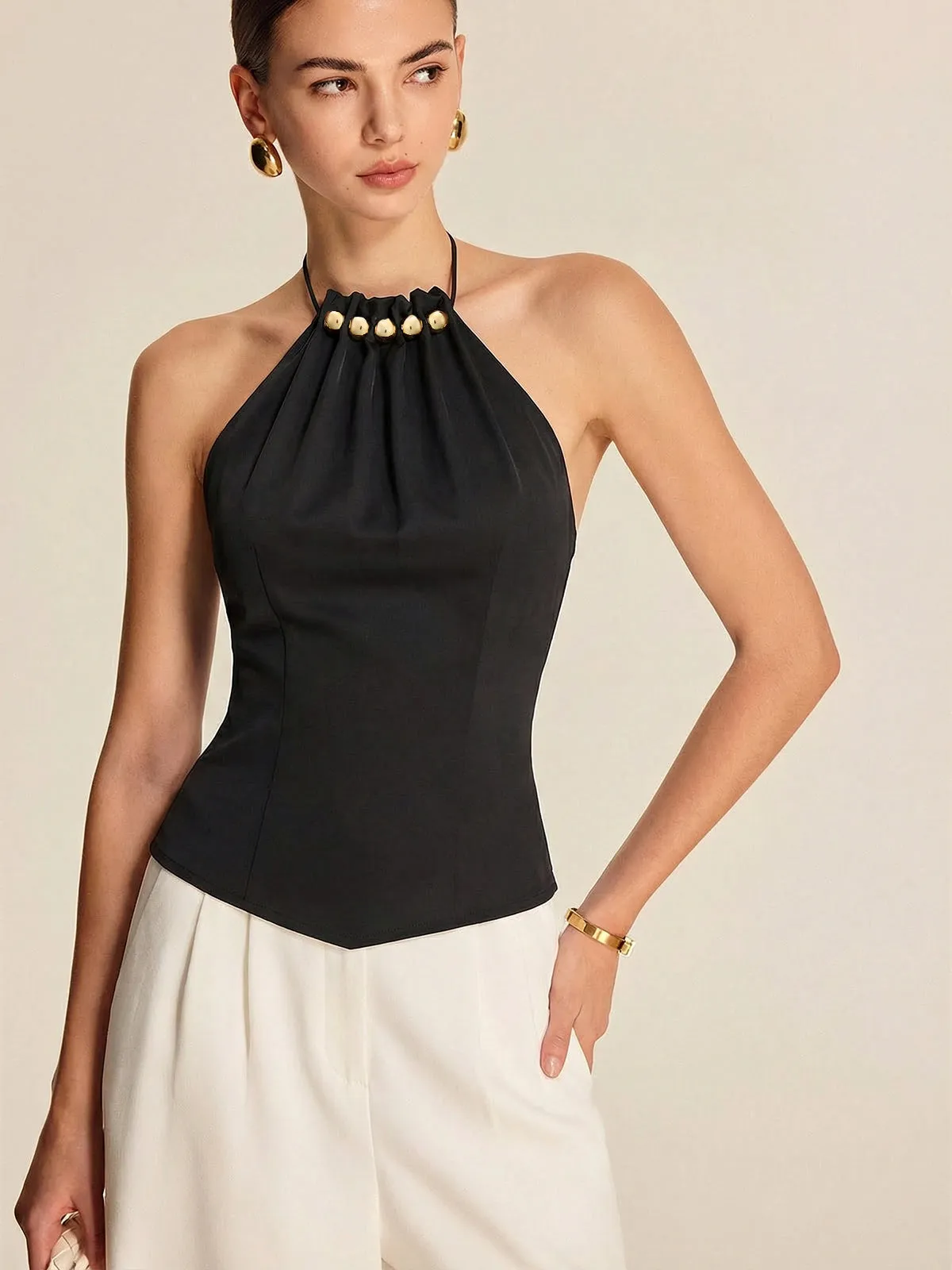 Metal Embellished Halter Tank Top sold by COMMENSE