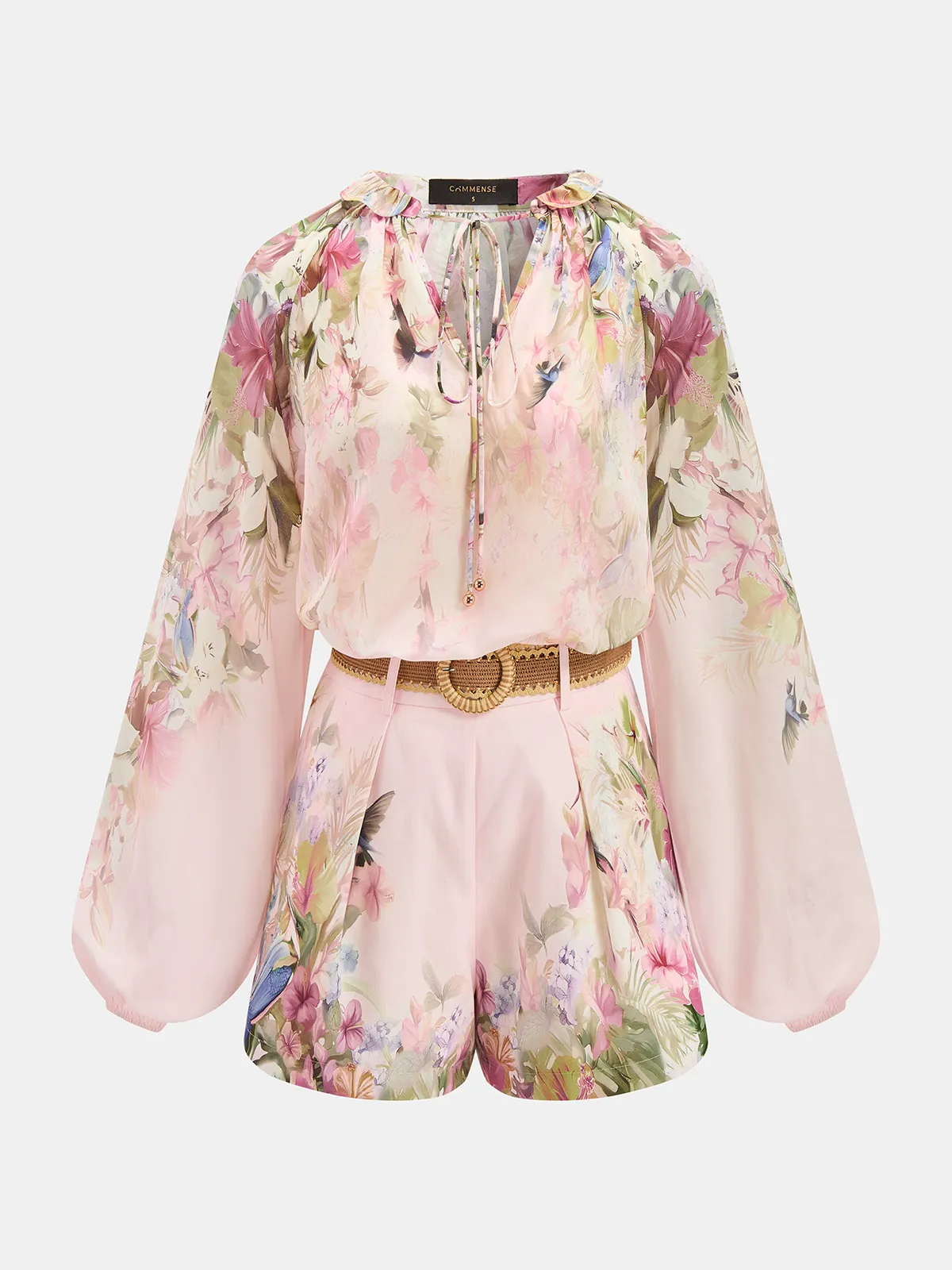 Floral Print Blouse & Belted Shorts Set sold by COMMENSE