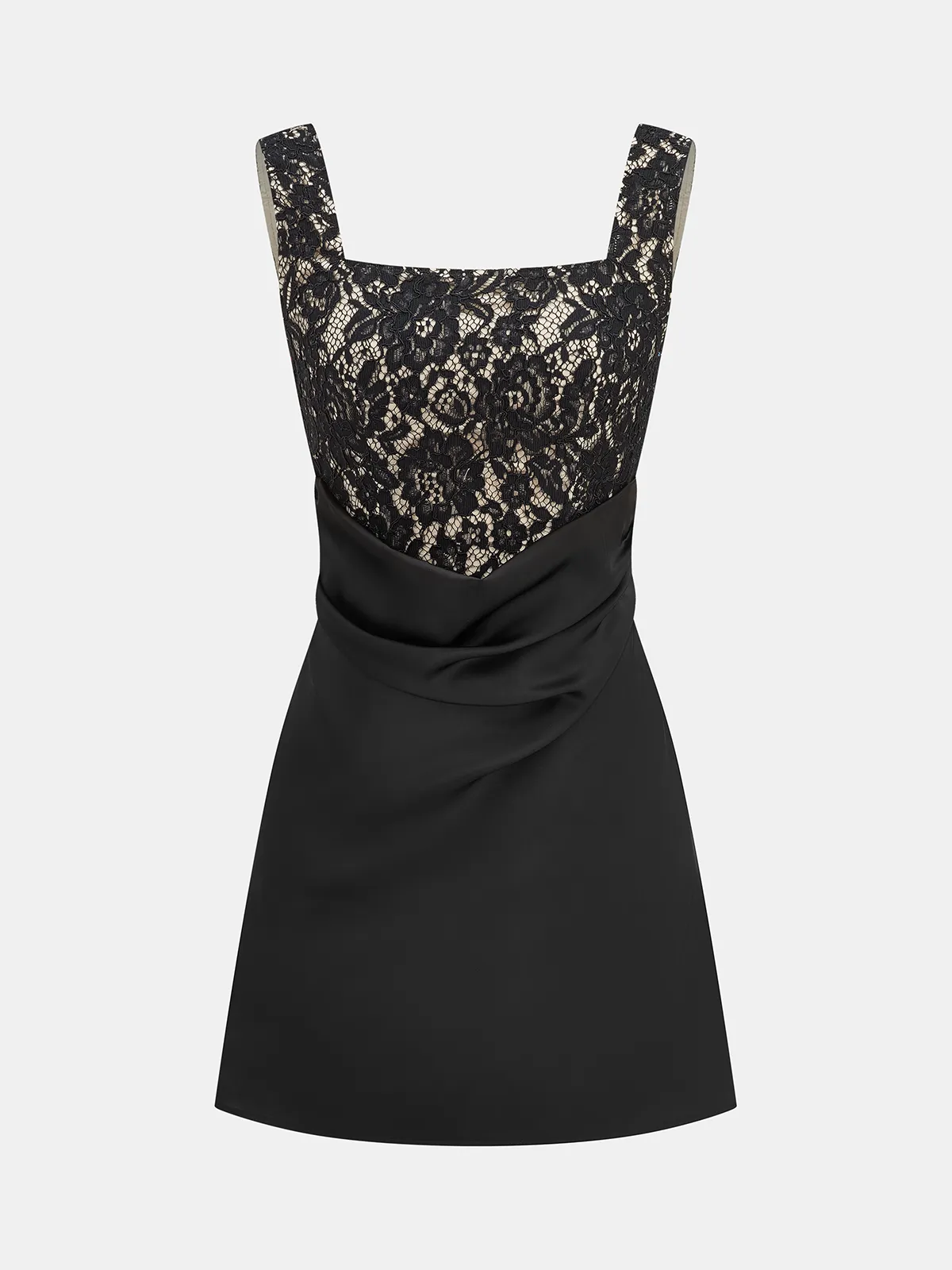 Lace Square Neck Ruched Mini Dress sold by COMMENSE