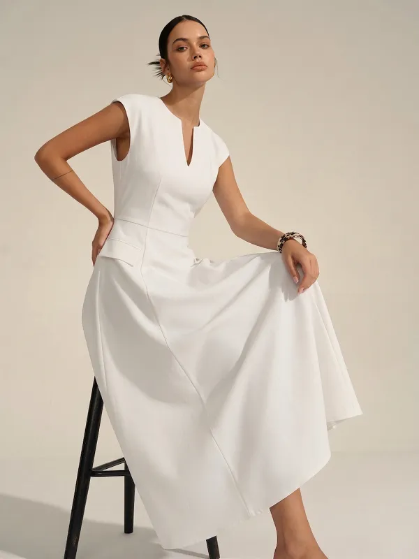 V Neck Cap Sleeve Midi Dress made by COMMENSE