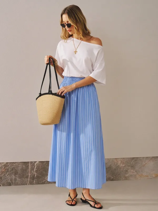 Color Block Off-Shoulder Striped Midi Dress made by COMMENSE