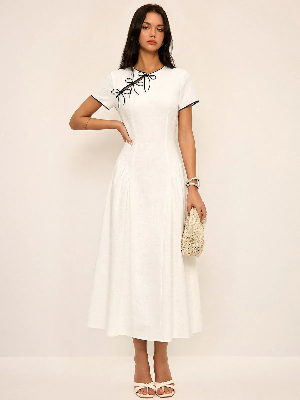 Bow Detail Cotton Cheongsam Midi Dress sold by COMMENSE