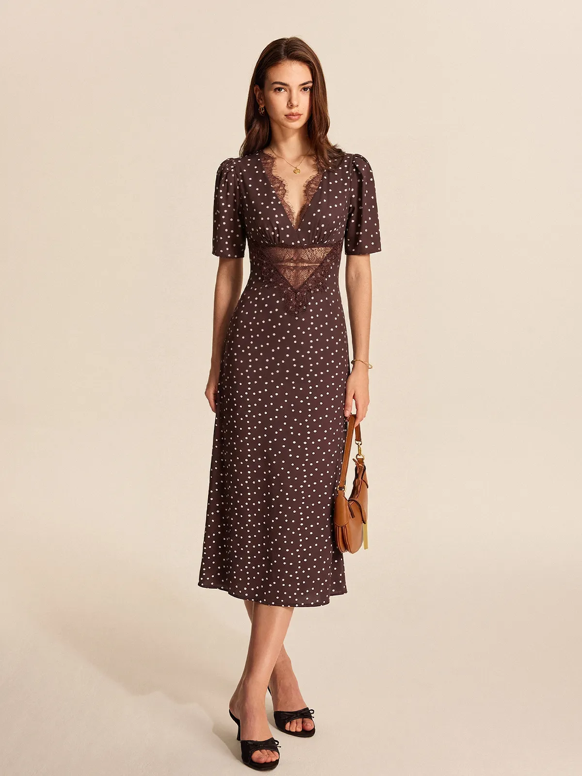 Lace Panel Polka Dot Short Sleeve Maxi Dress sold by COMMENSE