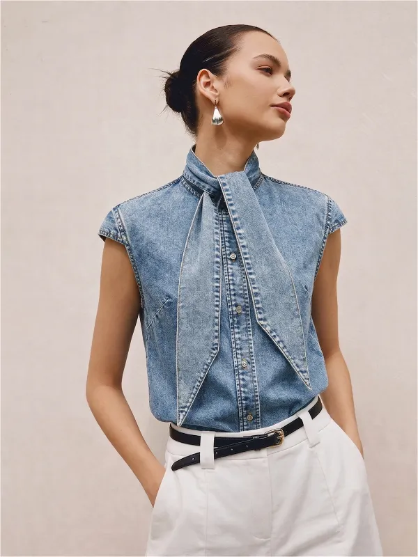 Tie Neck Sleeveless Denim Shirt made by COMMENSE