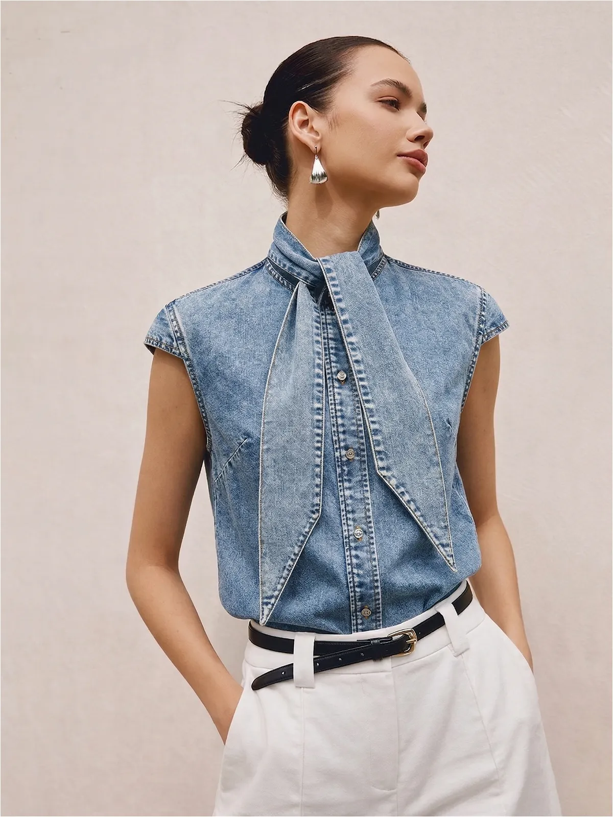 Tie Neck Sleeveless Denim Shirt sold by COMMENSE