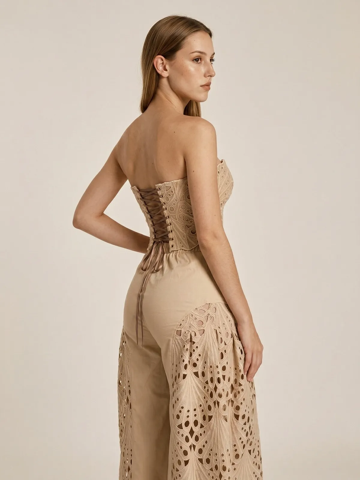 Strapless Eyelet Top & Wide Leg Pants Set sold by COMMENSE product image thumbnail 3