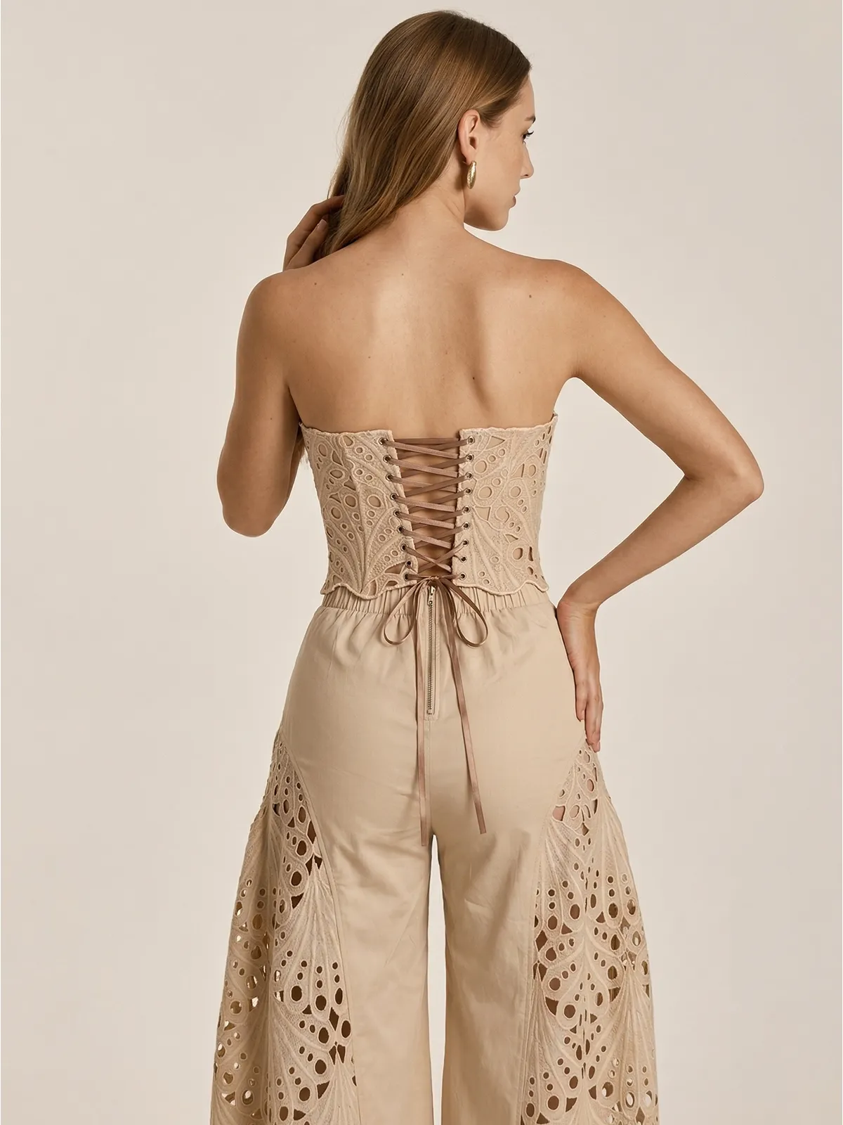 Strapless Eyelet Top & Wide Leg Pants Set sold by COMMENSE product image thumbnail 4