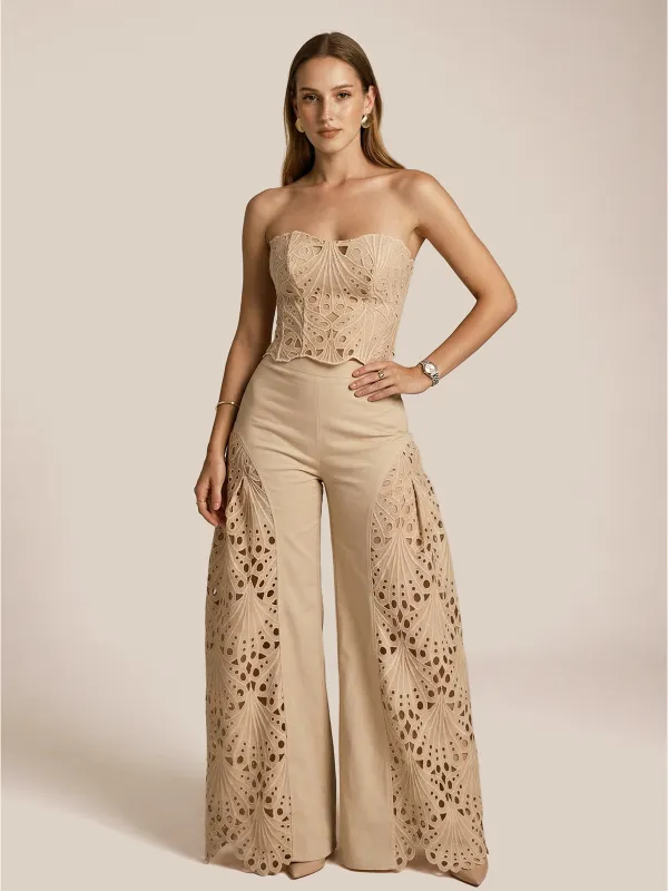 Strapless Eyelet Top & Wide Leg Pants Set made by COMMENSE