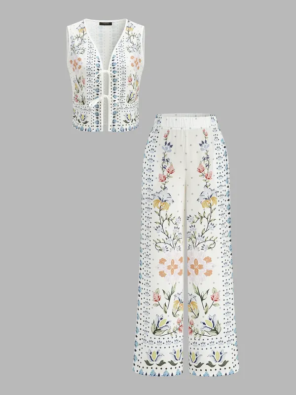 Floral Print Sleeveless Tie Front Top & Pants Set made by COMMENSE