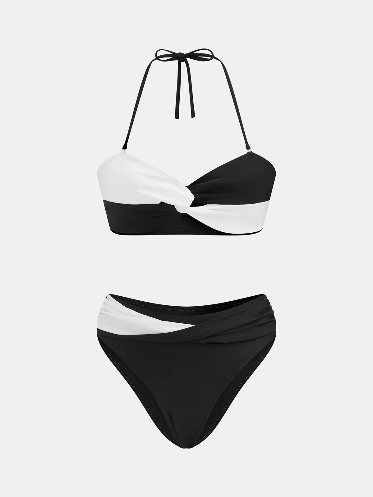 Two-Tone Twist Front Halter Bikini Set sold by COMMENSE