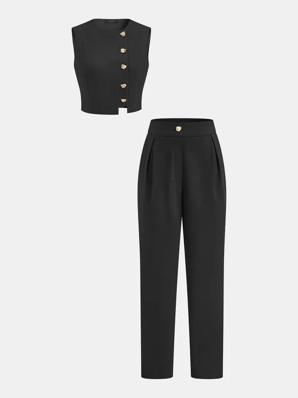 Metal Button Sleeveless Top & Pants Set made by COMMENSE