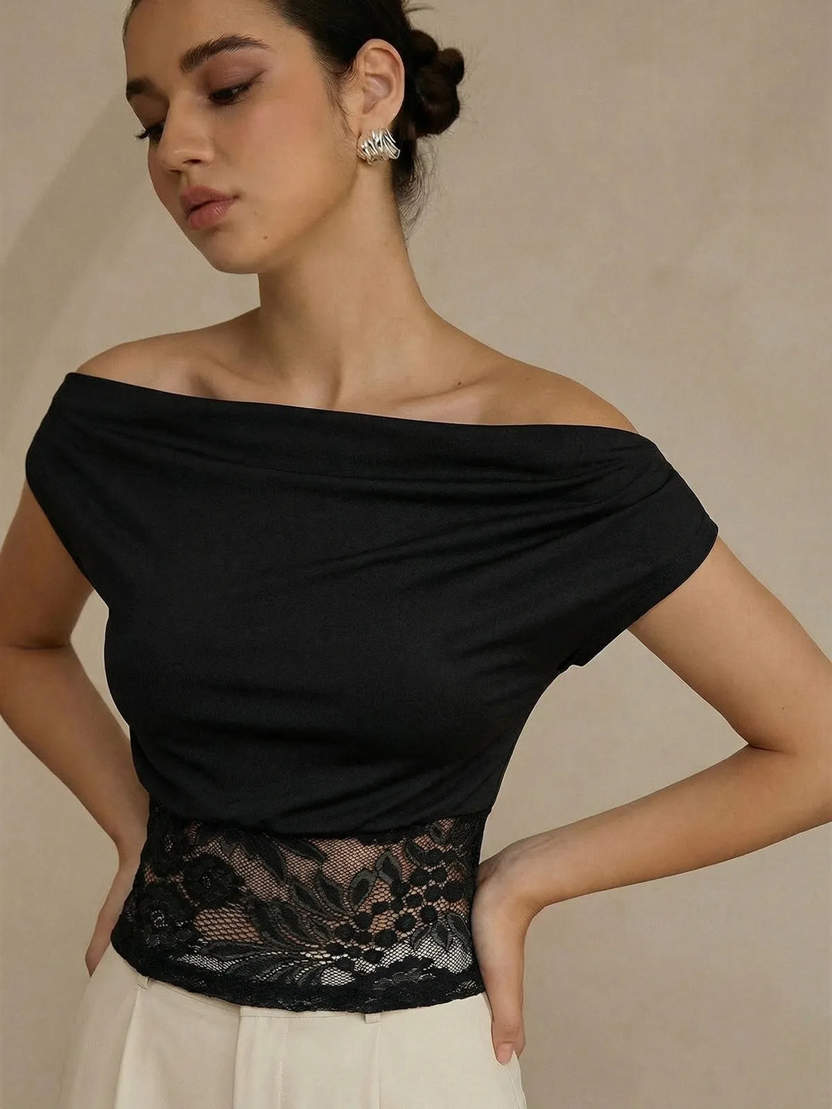 Off Shoulder Lace Cropped Blouse sold by COMMENSE