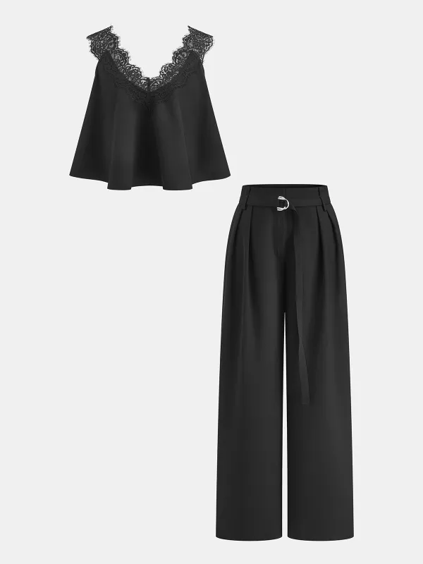 Lace Trim Cami Top & Belted Pants Set made by COMMENSE