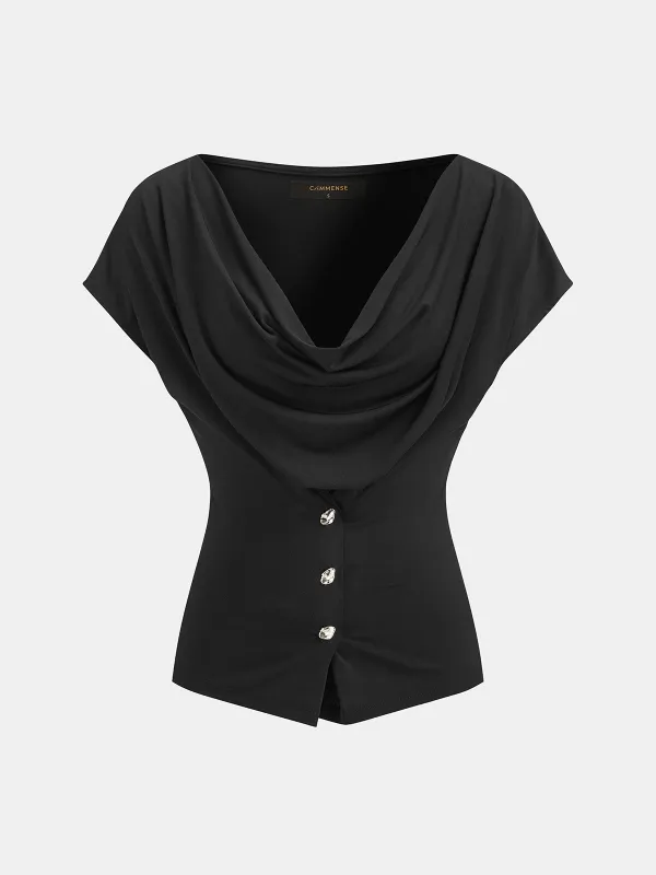 Cowl Neck Fitted Buttoned Blouse made by COMMENSE