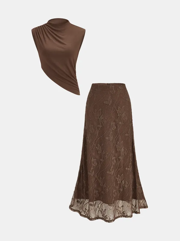 Sleeveless Asymmetric Top & Lace Mermaid Skirt Set made by COMMENSE