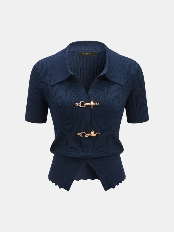 Short Sleeve Collared Buckle Rib Knit Top made by COMMENSE