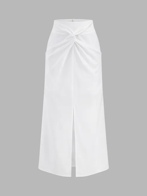Cotton Linen Twisted Slit Midi Skirt made by COMMENSE