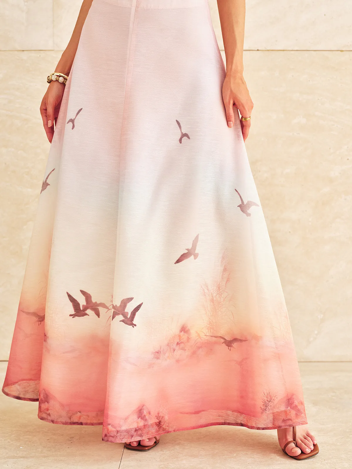 V-Neck Top & Sunset Bird Print Skirt Set sold by COMMENSE product image thumbnail 4