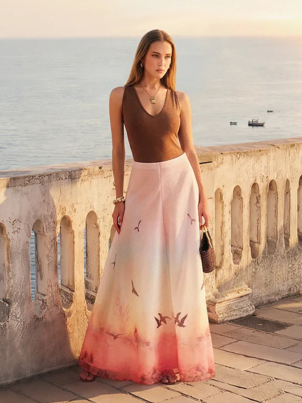 V-Neck Top & Sunset Bird Print Skirt Set made by COMMENSE