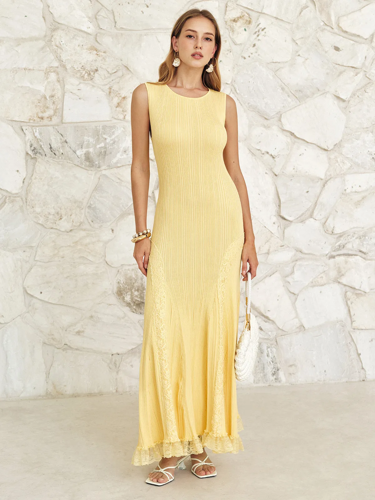 Sleeveless Lace Hem Knit Maxi Dress sold by COMMENSE product image thumbnail 5