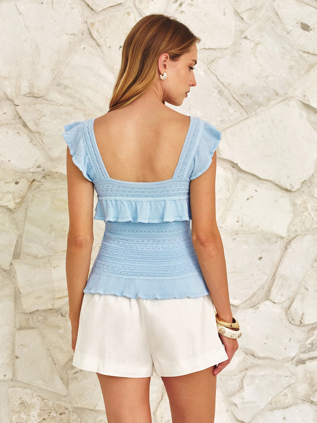 Ruffle Square Neck Eyelet Knit Top sold by COMMENSE product image thumbnail 4