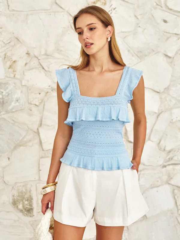 Ruffle Square Neck Eyelet Knit Top made by COMMENSE